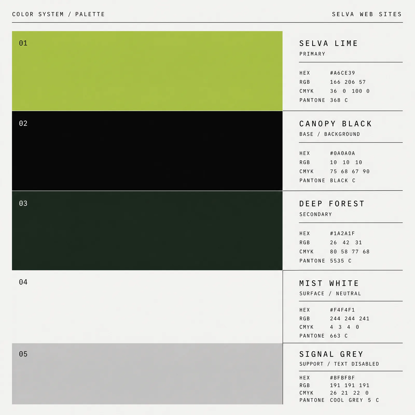 Sistema de cores SELVA: Selva Lime, Canopy Black, Deep Forest, Mist White, Signal Grey